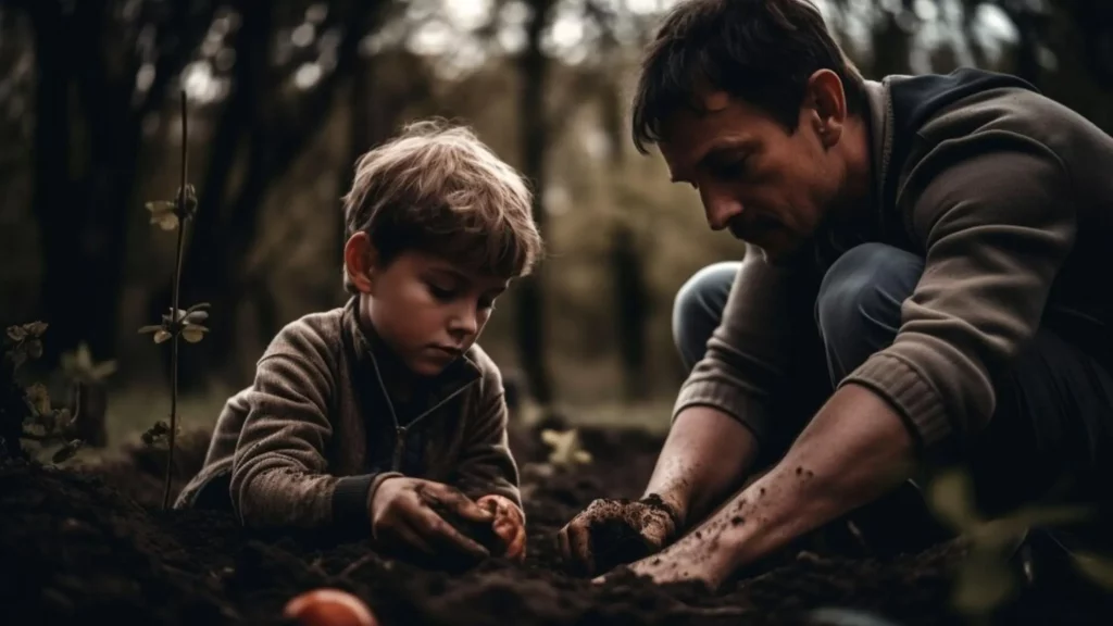 Illustration of curiosity in sustainable agriculture - A father educating his son on eco-friendly farming practices, promoting a sustainable and knowledgeable future generation.